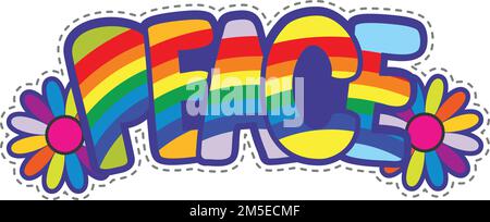 Scritta in stile hippie retrò. Colore fiori patch Illustrazione Vettoriale