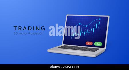 Notebook Rander 3D con banner business grafico a candela. Commercio di borsa online e investimenti di denaro. Tendenze della criptovaluta e analisi di mercato. Illustrazione Vettoriale