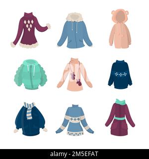 Set di abiti invernali. Cappotti e maglioni di sesso femminile su sfondo bianco. Illustrazione Vettoriale