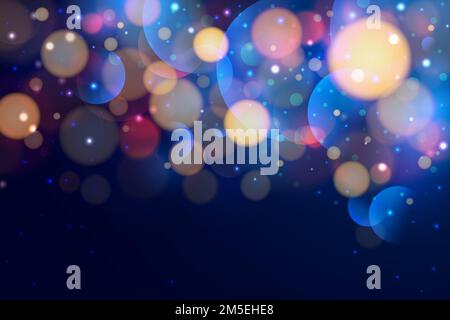 Luce bokeh colorata sfocata su sfondo blu scuro. Sfondo vettoriale di lusso con bokeh dorato, rosa e blu. Scintille dorate che cadono, brillantini in polvere Illustrazione Vettoriale