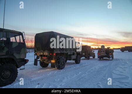 I paracadutisti di Spartan del Battaglione di supporto della Brigata 725th, la squadra di combattimento della Brigata di Fanteria 4th (Airborne), la divisione di Fanteria 25th, “Brigata di Spartan”, veicoli di supporto del palco vicino all'Area di addestramento di Donnelly in preparazione alla rotazione multinazionale del Centro di preparazione del Pacifico congiunto 22-02 vicino a Fort Greely, Alaska, 8 marzo 2022. JPMRC 22-02 è la prima rotazione regionale del Centro di addestramento al combattimento in Alaska. Si concentra su LSCO (Large Scale Combat Operations) ed è un evento di addestramento per climi freddi che include l'esercizio di addestramento situazionale (STX) e un esercizio di fuoco vivo (LFX) in 2QFY22. Foto Stock