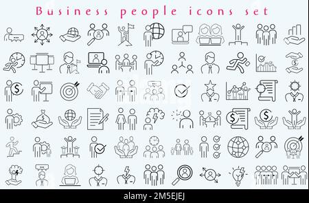 Icone persone di affari set. Risorse umane, gestione dell'ufficio - set di icone Web a linee sottili. Businessman contorno icone collezione. Illustrazione Vettoriale