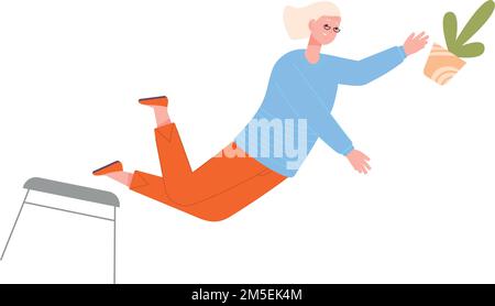 Vecchia donna che cade dalla sedia. Vertigini incidente senior isolato su sfondo bianco Illustrazione Vettoriale