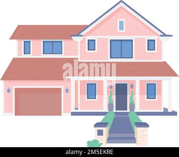 Casa suburbana e garage. Proprietà residenziale vista frontale isolato su sfondo bianco Illustrazione Vettoriale