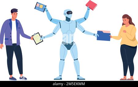 Robot multitasking. Dipendente professionale dell'ufficio ai che lavora isolato su sfondo bianco Illustrazione Vettoriale