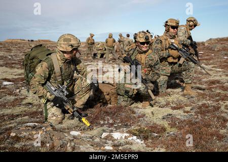 STATI UNITI Marines e marinai assegnati alla 22nd Marine Expeditionary Unit e Royal Marine Commandos assegnati alla M Company, 42 Commando ha istituito un perimetro di sicurezza durante un recupero tattico di aeromobili e di esercizio del personale a sostegno del Vichingo Settentrionale 2022, sulla base aerea di Keflavík, Islanda, 8 aprile 2022. Northern Viking 22 rafforza l'interoperabilità e la disponibilità alla forza tra Stati Uniti, Islanda e nazioni alleate, consentendo il comando e il controllo multidominio di forze congiunte e di coalizione in difesa dell'Islanda e delle linee di comunicazione marittime nella Groenlandia, Islanda, Regno Unito (GIUK) ga Foto Stock