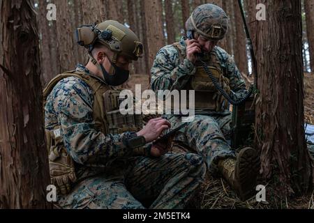 STATI UNITI Marines con il Battalion Landing Team 1/5, 31st Marine Expeditionary Unit (MEU), invitano all'evacuazione delle vittime durante un esercizio di manovra sul litorale presso il Combined Arms Training Center Camp Fuji, Giappone, marzo. 9, 2022. La manovra litoranea comprendeva diverse unità che passavano attraverso le posizioni di altre unità mentre si muovavano verso un obiettivo; queste azioni sono le evoluzioni più complesse che una forza partner può condurre. Esercizio di Difesa marittima la Brigata di implementazione rapida anfibia è un esercizio bilaterale destinato ad aumentare l'interoperabilità e rafforzare i legami tra le forze statunitensi e giapponesi per Foto Stock