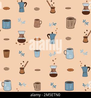 Motivo vettoriale senza cuciture a tema caffè. Tazze, biscotti, chicchi di caffè, macchine da caffè manuali. Illustrazione vettoriale. Ottimo per caffetteria, cafe', accessori per fika Illustrazione Vettoriale