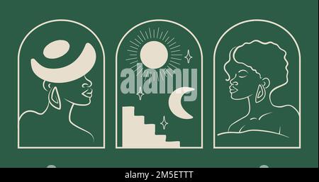 Emblema esoterico donna con luna e sole. Icone Magic Simple logo Illustrazione Vettoriale