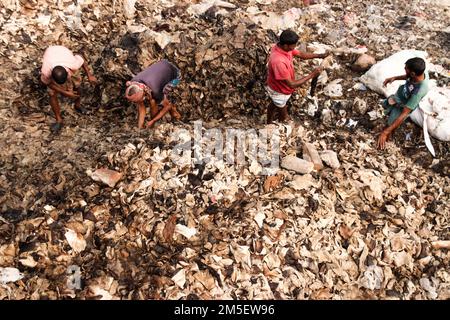 Il metodo di riciclaggio della pelle è chiamato serie gam. Grandi quantità di cuoio sono accumulate in su per alcuni giorni dopo che tutti sono lavati dalla macchina. Foto Stock