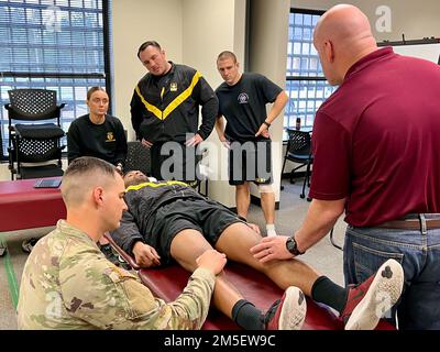 Nella foto da sinistra: SPC. Madeleine Bryan, Sgt. Nicholas Hanson e CPT. Will Holcomb osservi il maggiore Anthony Williams (a destra), capo e il 1st Lt. Steven Candeto, fisioterapista del dipartimento di riabilitazione dell'ospedale della comunità dell'esercito di Bayne-Jones, dimostrano le tecniche per valutare le lesioni al ginocchio durante l'esame muscoloscheletrico, l'intervento e l'addestramento di rinvio il 8 e 9 marzo presso il Joint Readiness Training Center e Fort Polk, Louisiana. Foto Stock