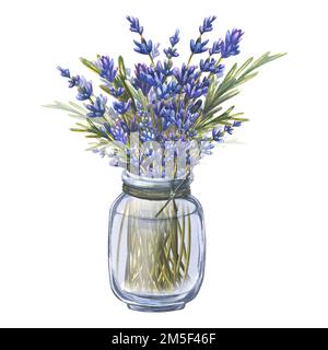 Fiori di lavanda e ramoscelli in un vaso di vetro su sfondo bianco. Illustrazione acquerello. Composizione della collezione LAVANDA SPA. Per decorazione Foto Stock
