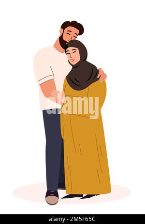 Felice giovane coppia musulmana romantica together.Arabian moglie in Hijab, marito abbracciare a vicenda other.Supporting, caldo relations.Family persone si fidano a vicenda.True Love.Smiling Woman, Man.Vector illustrazione Illustrazione Vettoriale
