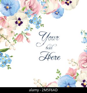 Biglietto di auguri o di invito con fiori rosa, bianco e blu, fiori di lissianthus, fiori di harrebell, e fiori di dimenticanza-me-non. Vettore f Illustrazione Vettoriale