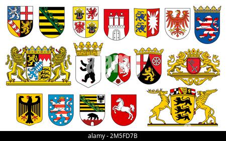 Germania stati e regioni stemma. Berlino, Sassonia e Saarland, Meclemburgo-Vorpommern, Amburgo e Brandeburgo, territorio dell'Assia segno di araldica con aquila, leoni, orso e corona d'oro Illustrazione Vettoriale