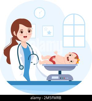 Pediatra esamina i bambini malati e il bambino per lo sviluppo medico, la vaccinazione e il trattamento in Cartoon piano modelli disegnati a mano Illustrazione Illustrazione Vettoriale