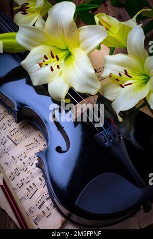 Gigli bianchi e violino nero su Sheet Music Still Life Foto Stock