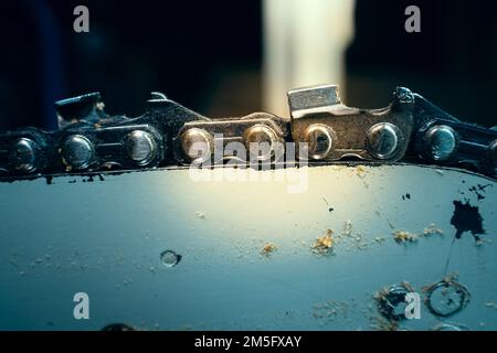 Catena della motosega sul primo piano dello pneumatico. Denti di sega per il taglio del legno su uno sfondo sfocato. Attrezzo agricolo Foto Stock