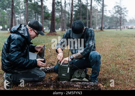 Un Airman del Tactical Air Control Party del 1st Air Support Operations Group e uno specialista dei sistemi di trasmissione a radiofrequenza utilizzano i collegamenti dati stabiliti tra i team TACP Precision Strike e il Centro operativo aereo per trasmettere le informazioni di targeting in tempo reale ai piloti A-10C Thunderbolt II del Fighter 74th e 75th Squadroni come parte del caos esercizio QUAKE, Moody Air Force base, Georgia, 15 marzo 2022. L'esercizio ha integrato i sistemi TACP, Cyber Systems, Intelligence, radio Frequency Transmission Systems e A-10C Thunderbolt II pilota per simulare le funzioni agnostiche del cliente Foto Stock
