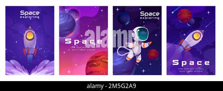 Poster spaziali con astronauta, razzo e pianeti sullo sfondo dell'universo con stelle. Concetto di cosmo esplorare e viaggiare con cosmonauta e lancio astronave, illustrazione vettoriale dei cartoni animati Illustrazione Vettoriale