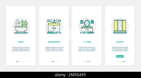 Illustrazione vettoriale degli arredi per la casa della stanza da bagno. UX, UI onboarding mobile app page screen set con linea bagno attrezzature, arredamento decorazione collec Illustrazione Vettoriale