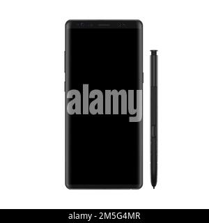 Nuova versione del moderno smartphone vettoriale con schermo nero. Elegante smartphone senza cornice con stilo Illustrazione Vettoriale