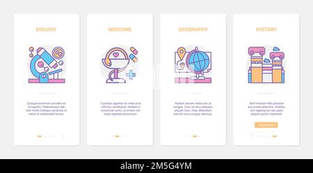 Illustrazione vettoriale della scienza dell'istruzione. UX, UI onboarding mobile app page set con linea biologia medicina geografia storia didattica scientifi Illustrazione Vettoriale