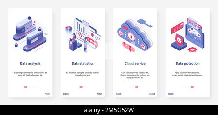Analisi isometrica dei dati, storage e tecnologia di protezione illustrazione vettoriale. UX, UI onboarding mobile app page set con cruscotto 3D cartoon Illustrazione Vettoriale