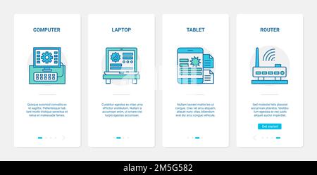 Illustrazione vettoriale della tecnologia dei dispositivi elettronici intelligenti. UX, UI onboarding mobile app page screen tech set con linea di gadget digitali, computer portatile Illustrazione Vettoriale