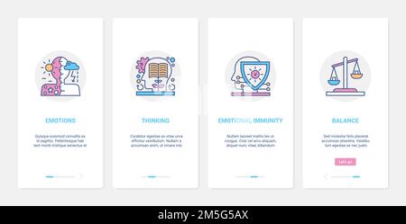 Profilo della testa umana, emozioni e pensiero equilibrio concetto illustrazione vettoriale. UX, UI onboarding pagina app mobile set con linea emotivo immuni Illustrazione Vettoriale