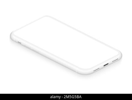 Visualizzazione in prospettiva realistica del mockup dello smartphone senza frame bianco isometrico per un'interfaccia utente infografica e visiva Illustrazione Vettoriale