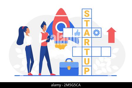 Illustrazione vettoriale crossword di avvio. I membri del team di business di Cartoon si levano in piedi accanto al puzzle crossword con la parola di avvio, iniziando un nuovo progetto di business Illustrazione Vettoriale