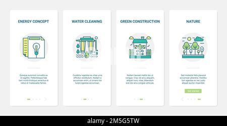 Illustrazione vettoriale della tecnologia del settore dell'energia verde. UX, UI onboarding mobile app page set con linea di purificazione dell'acqua industriale, eco costr Illustrazione Vettoriale