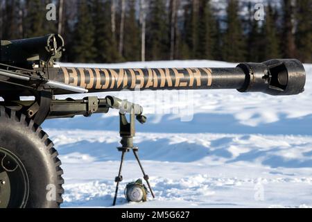 Un howitzer da M119 105 mm viene messo in scena per gli Stati Uniti Paracadutisti dell'esercito assegnati a Bravo Battery, 2nd Battaglione, 377th Paracadute Field Artillery Regiment, 4th Fanteria Brigata Combat Team (Airborne), 25th Fanteria Division, mentre conducono l'addestramento all'artiglieria dal vivo presso la Joint base Elmendorf-Richardson, Alaska, 16 marzo 2022. I soldati del 4/25 appartengono all'unica brigata aerea americana nel Pacifico e sono addestrati per eseguire manovre aeree in condizioni di freddo estremo e ambienti ad alta quota a sostegno di operazioni di combattimento, partnership e soccorso in caso di disastri. Foto Stock