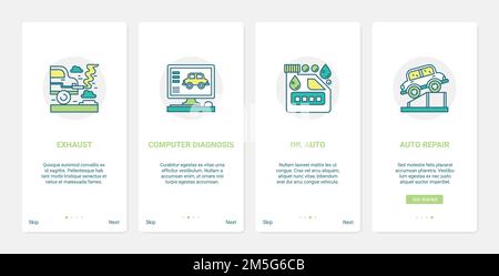 Illustrazione del vettore del servizio di riparazione del garage del veicolo. UX, UI onboarding pagina app mobile impostata con test di linea diagnostica computer, riparazione moderna Illustrazione Vettoriale