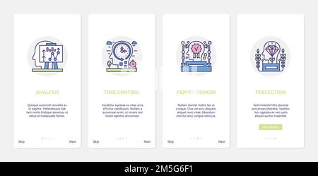 Il lavoro mentale elabora l'illustrazione vettoriale. UX, UI onboarding mobile app page screen set di astratta linea umana Head Processing in perfectionism, Working Illustrazione Vettoriale
