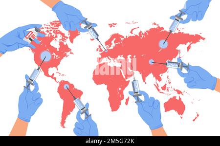 Vaccinazione globale della protezione della medicina della terra del pianeta dall'illustrazione del vettore di concetto del coronavirus. Cartoon medico mani in guanti medici che tengono va Illustrazione Vettoriale