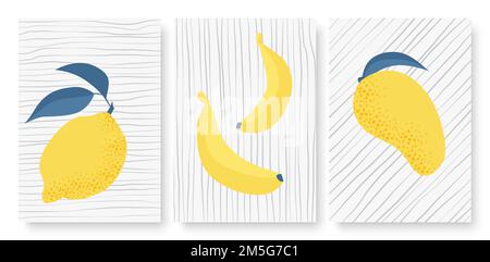 Astratto semplice trendy minimo tropicale giallo frutta vettore illustrazione set. Mango minimal al limone con banana da tropici sullo sfondo con disegno a mano Illustrazione Vettoriale