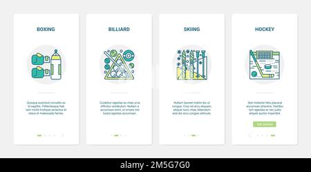 Illustrazione vettoriale dell'attrezzatura sportiva. UX, UI onboarding mobile app page set con guanti sportivi linea per pugilato, palle per biliardo, sci per sci Illustrazione Vettoriale