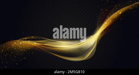Onda d'oro con bokeh scintillante, illustrazione vettoriale astratta dell'effetto luce. Lucentezza di lusso di linee di movimento curve d'oro e luccicanti particelle di confetti, bri Illustrazione Vettoriale