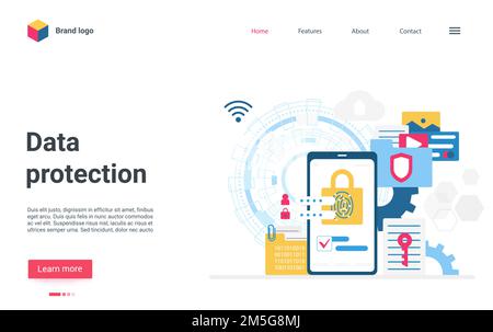 Illustrazione del vettore di protezione dei dati. Smartphone cartoon flat con blocco sullo schermo, servizio di sicurezza Internet per informazioni sulla privacy dei social media, secu Illustrazione Vettoriale