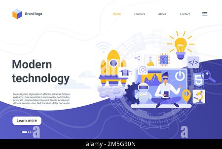 Illustrazione vettoriale del concetto di tecnologia moderna. Personaggio uomo cartoon seduto con dispositivo mobile e simboli tecnologici innovativi, robot, razzo lau Illustrazione Vettoriale