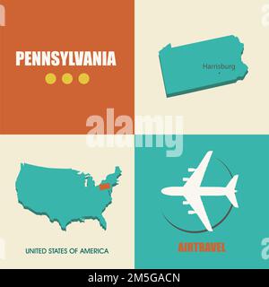 Design piatto con mappa Pennsylvania concetto per il viaggio in aereo Illustrazione Vettoriale