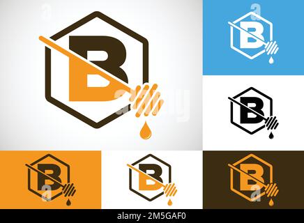 Lettera iniziale B con disegno vettoriale del logo delle api a nido d'ape. Emblema con carattere logo Honey Illustrazione Vettoriale