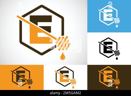 Lettera iniziale e con disegno vettoriale del logo delle api a nido d'ape. Emblema con carattere logo Honey Illustrazione Vettoriale