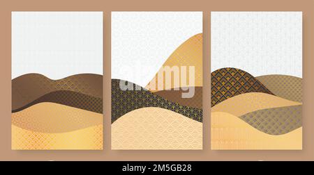 Astratto contemporaneo estetico deserto campi natura paesaggio con motivi geometrici vettore illustrazione set. Decorazioni alle pareti alla moda, arte di lusso dicembre Illustrazione Vettoriale