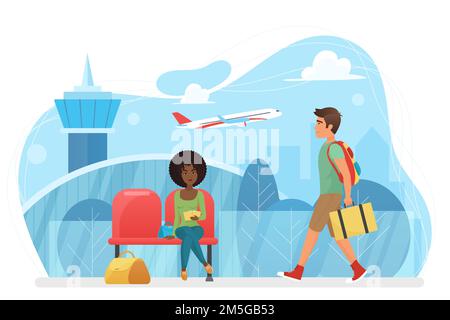 Terminal della sala lounge per le partenze dall'aeroporto con illustrazione vettoriale dei partecipanti all'attesa. Cartoni animati seduti in poltrona, camminando con borse in internationa Illustrazione Vettoriale