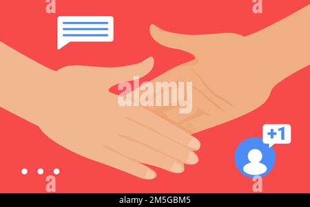 Gesto di handshake, illustrazione vettoriale del concetto di social network. Amico di cartone animato, seguace o partner due mani umane handshaking, amicizia partn Illustrazione Vettoriale