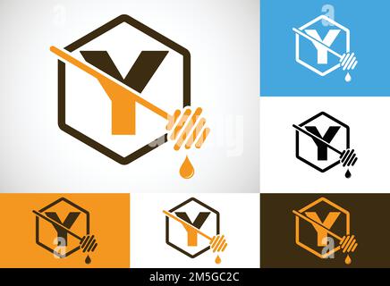 Lettera iniziale Y con disegno vettoriale del logo delle api a nido d'ape. Emblema con carattere logo Honey Illustrazione Vettoriale