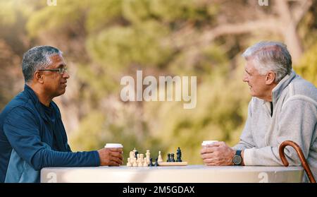 Scacchi, natura e pensione con gli amici anziani che giocano a un gioco di boardgame mentre si legano all'aperto durante l'estate. Parco, strategia e gioco con un uomo maturo Foto Stock
